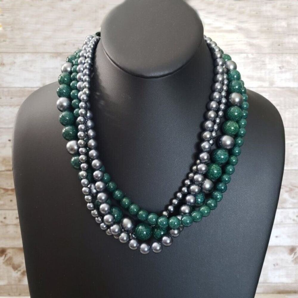 Vintage Necklace Chunky Statement Green & Silvery Blue Multi Strand Necklace
